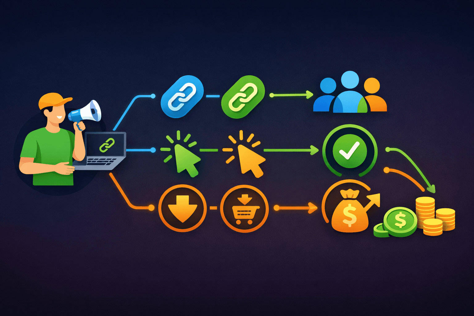 Affiliate link management funnel illustration showing click tracking and commission optimization for affiliate marketers using FavURL