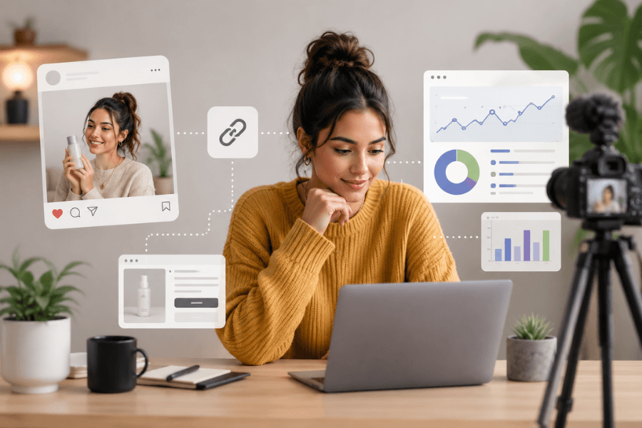Creator analyzing link performance and audience engagement through a smart link management dashboard