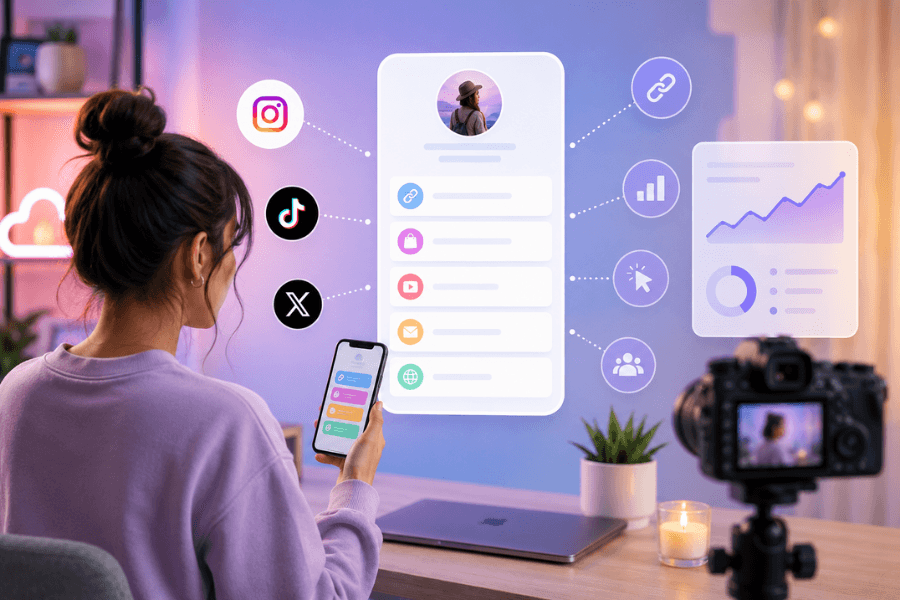 Creator using a smart link management dashboard with social media analytics.