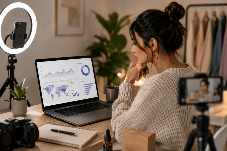 Creator analyzing link performance and audience engagement data dashboard