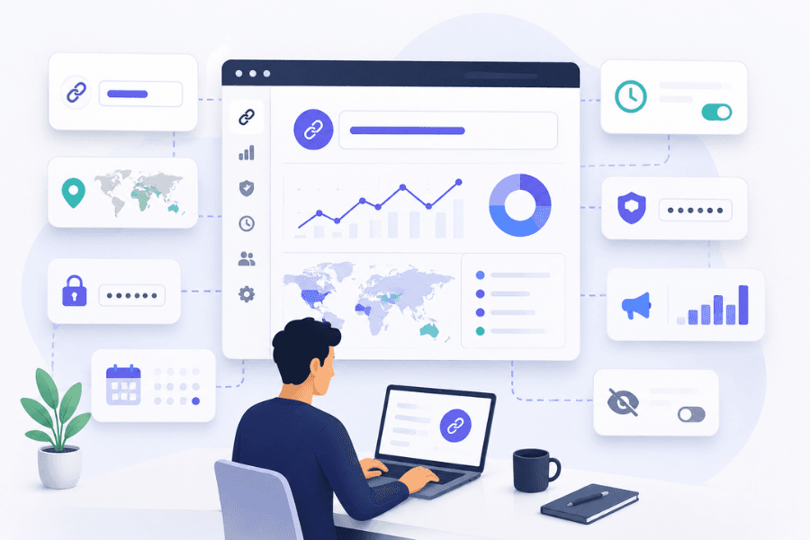 Smart link management dashboard with analytics, security controls, and link tracking visualization