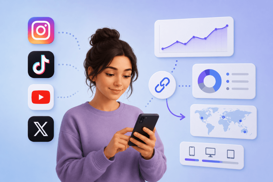 Creator managing social media bio links with link tracking analytics dashboard