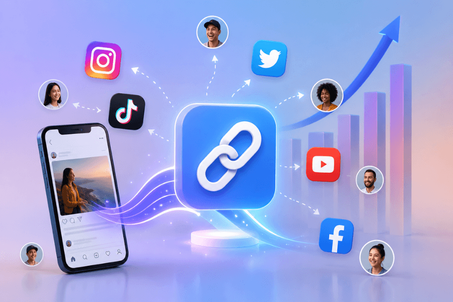 Illustration of short links driving social media audience growth through connected platforms, creator engagement, and increasing follower reach