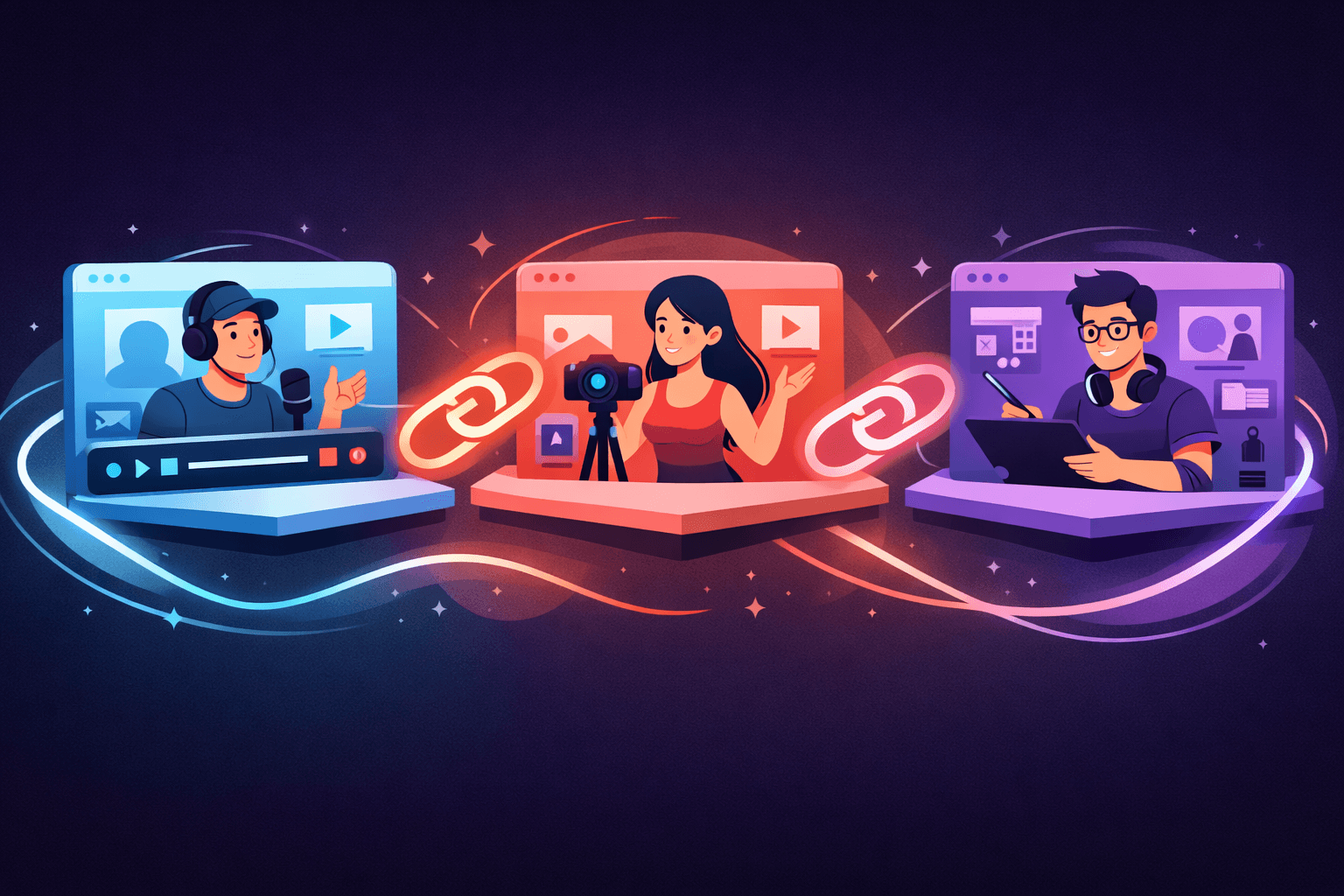 Platform-specific link sharing strategy illustration for YouTube TikTok and Instagram creators showing bio link placement and click tracking