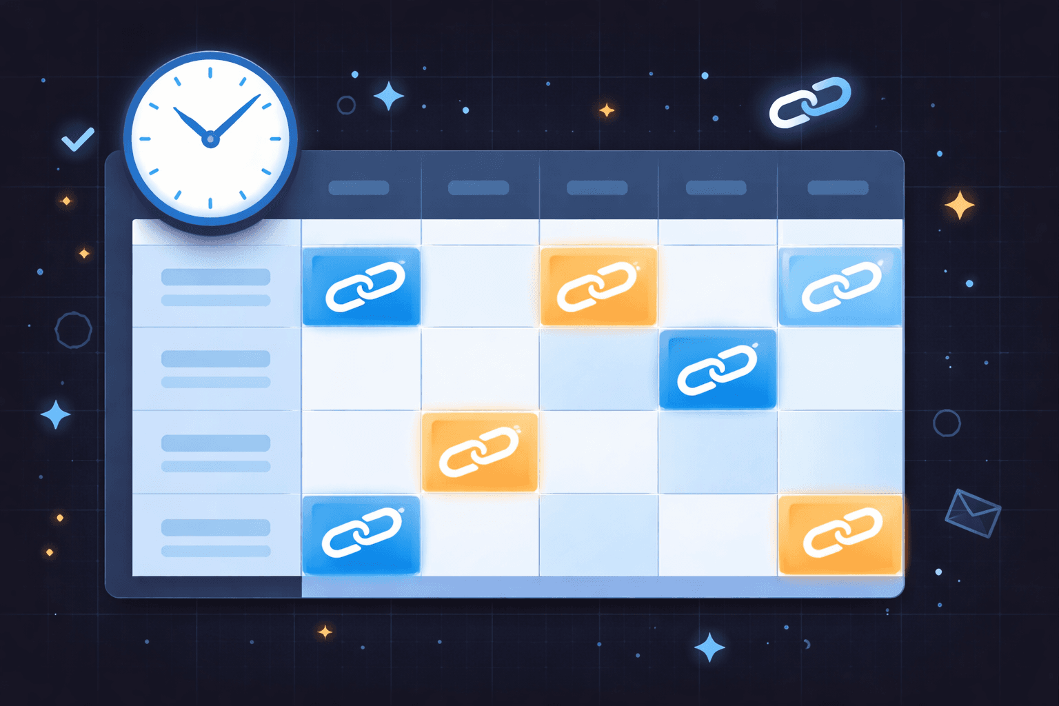 Scheduled link publishing calendar illustration showing optimal time slots for maximum audience engagement and click-through rates